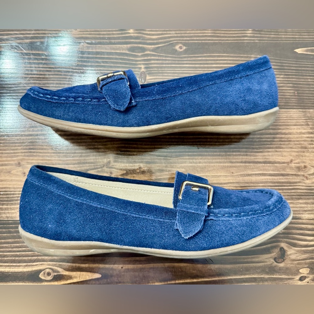 Lands' End Navy Suede Loafers with Gold‎ Buckle